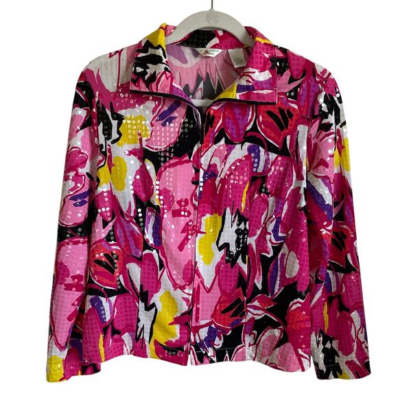 Laura Ashley Full Zip Jacket Sz PS Shiny Sequins Abstract Floral Artsy Colorful - Picture 1 of 7